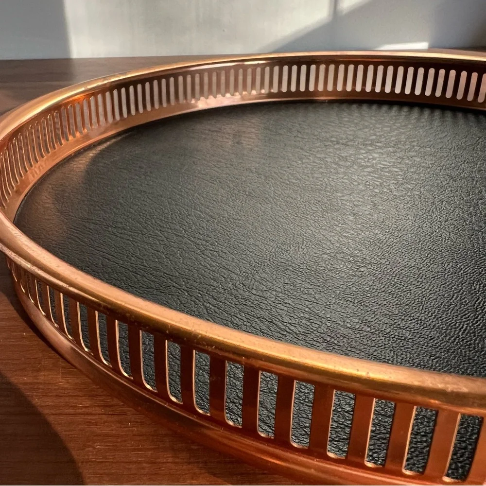 Vintage MCM Coppercraft Guild Drink Tray Wood Leather Copper Whiskey Bar Tray
